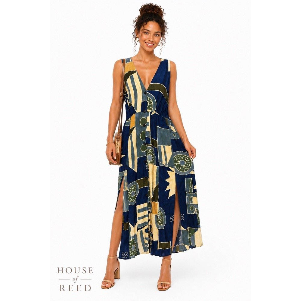 Serendipity Maui Batik Maxi Dress Blue Abstract Geometric Lace Up Back Rayon M